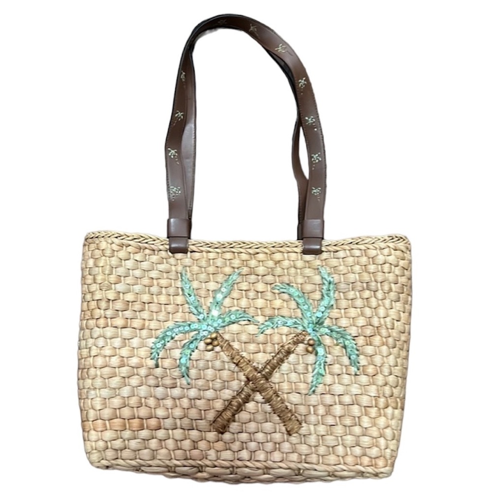 Woven straw tan brown straps embroidery palm trees Summer Pool party Lined